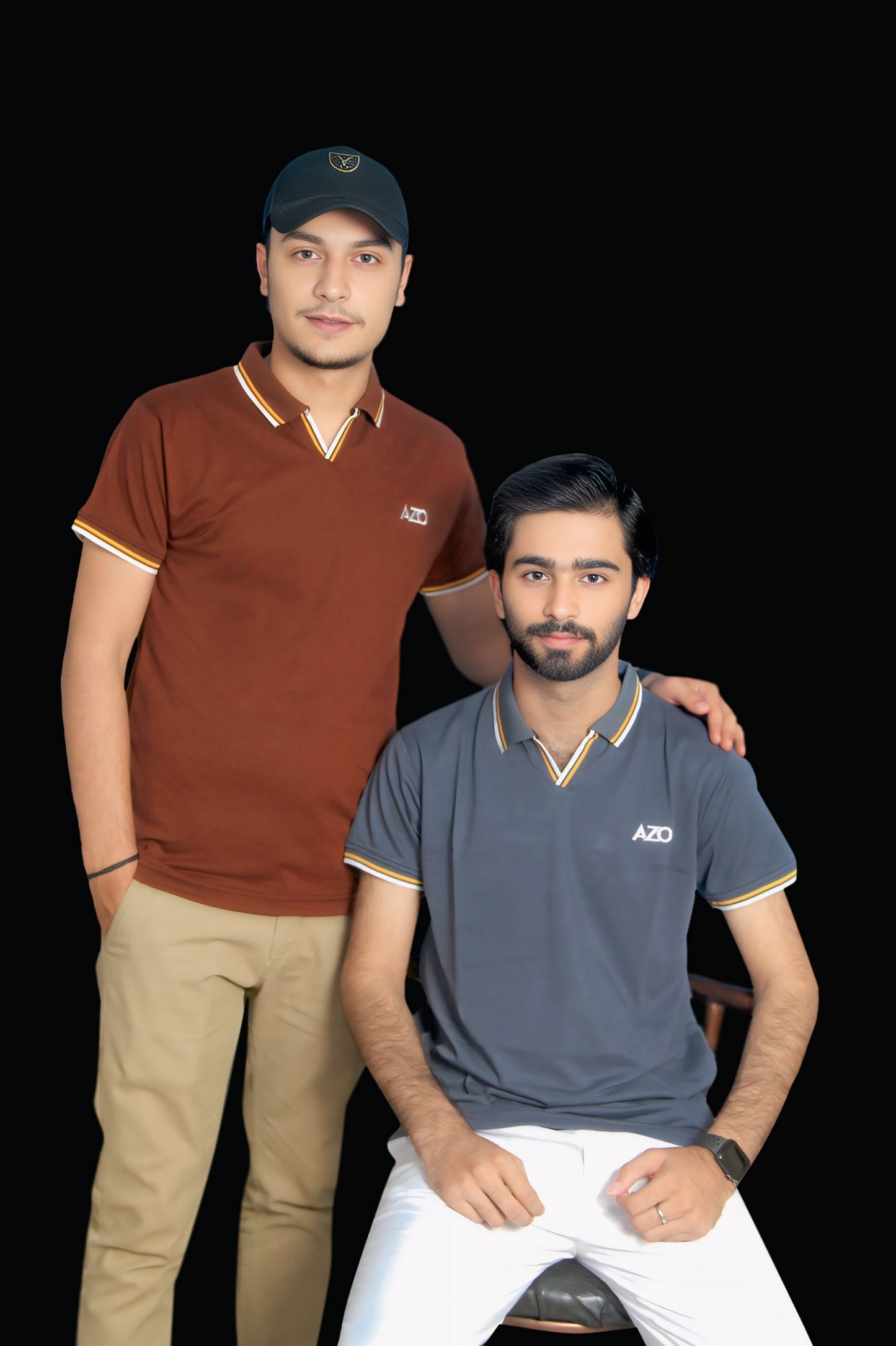 AZO Signature Polo - Rust Brown and Steel Grey, friends wearing tipped collar polos