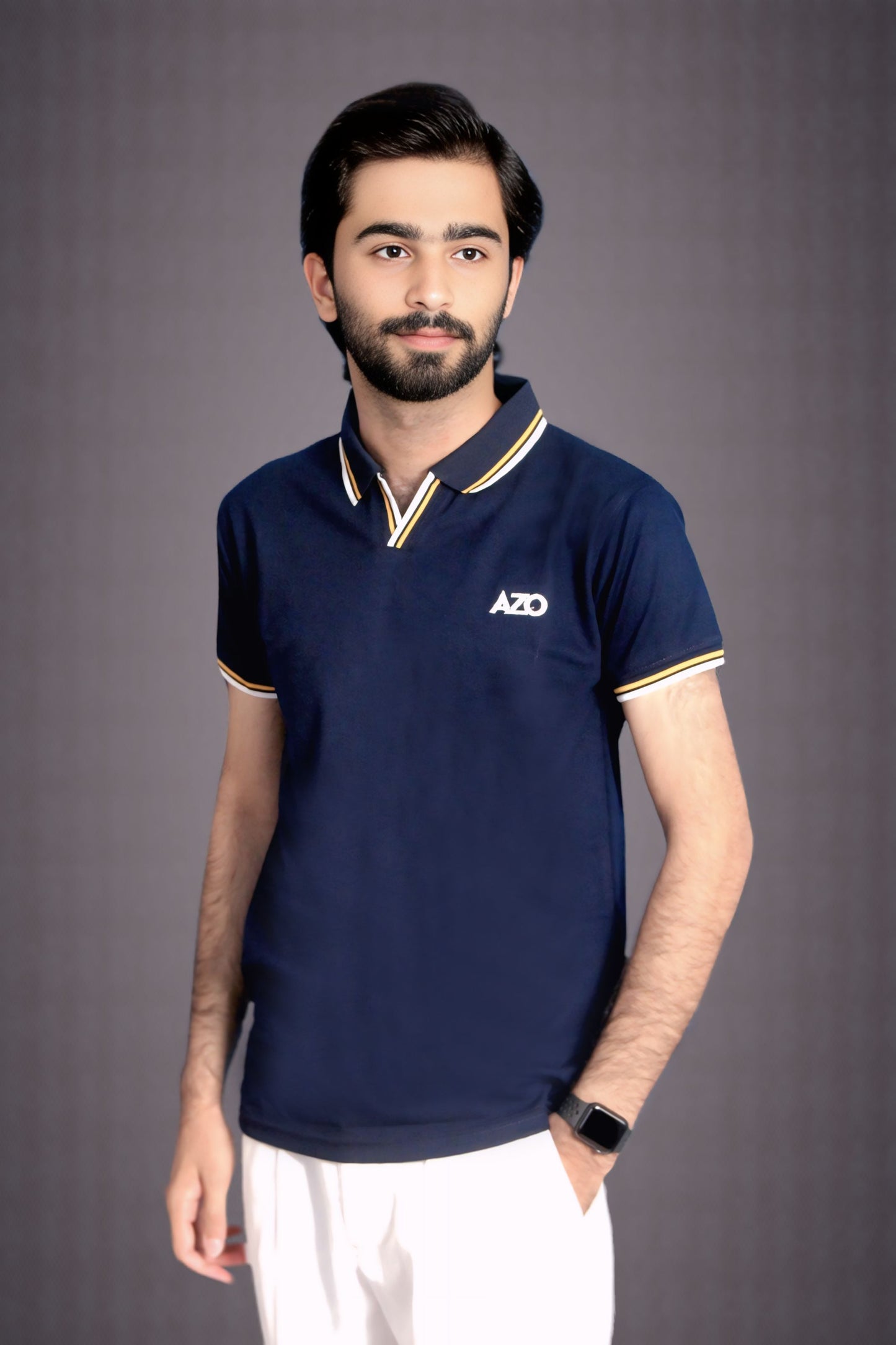 AZO Signature Polo - Navy Blue, front view tipped collar detail